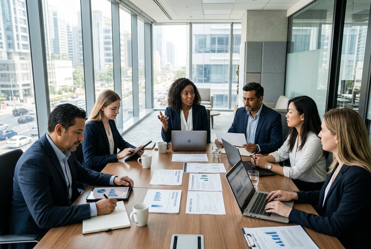 Des professionnels en réunion autour d'une table de conférence, discutant et collaborant dans un bureau moderne et lumineux.