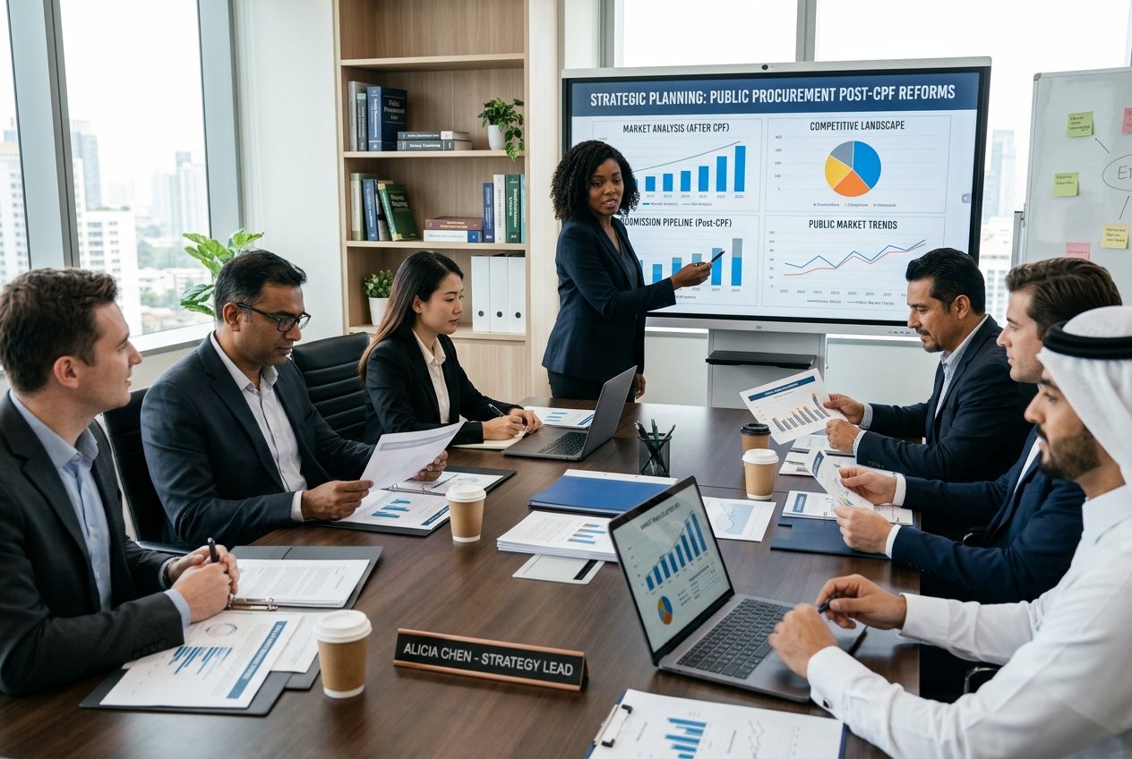 Un groupe de professionnels en réunion dans un bureau, discutant autour d'une table avec des documents et un écran affichant des graphiques.