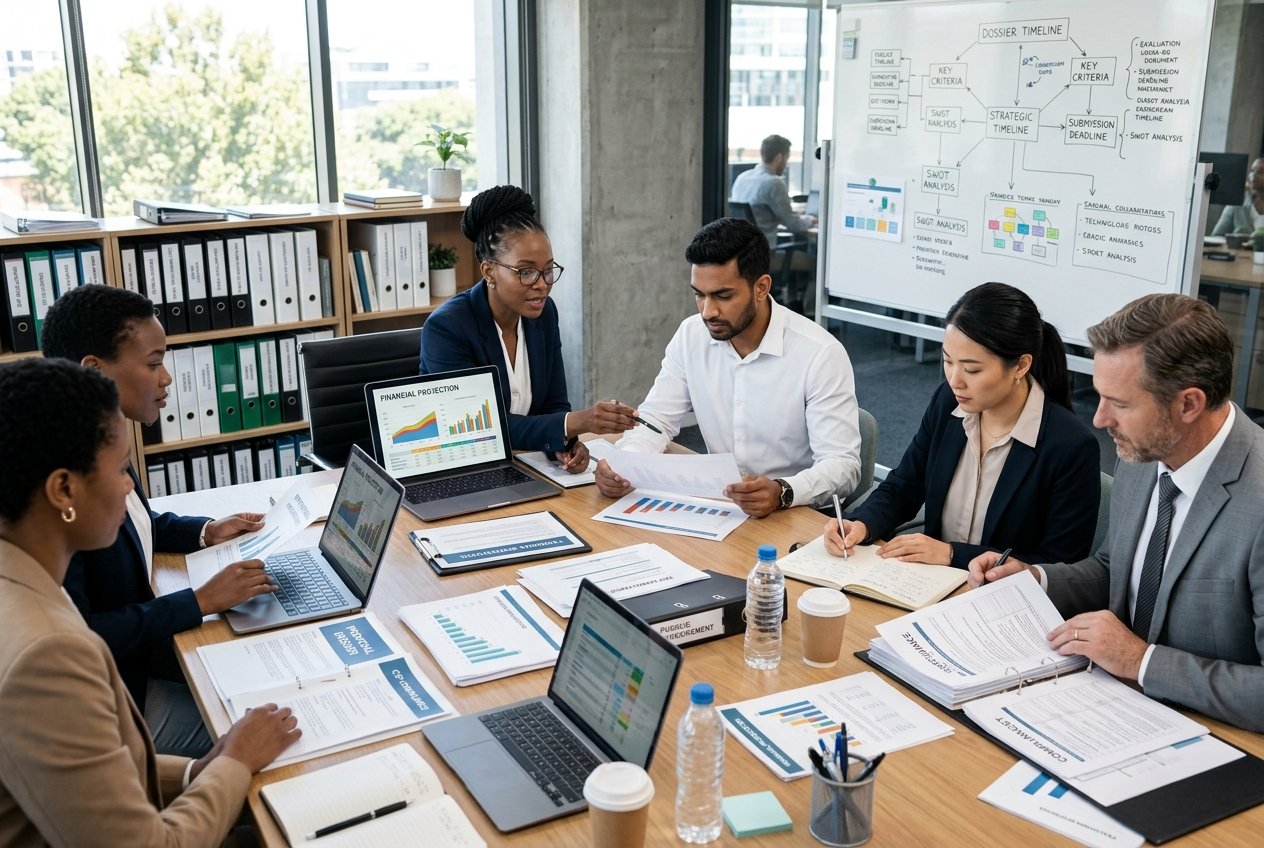 Des professionnels collaborent autour d'une table de bureau avec des documents et des ordinateurs, préparant un dossier de candidature.