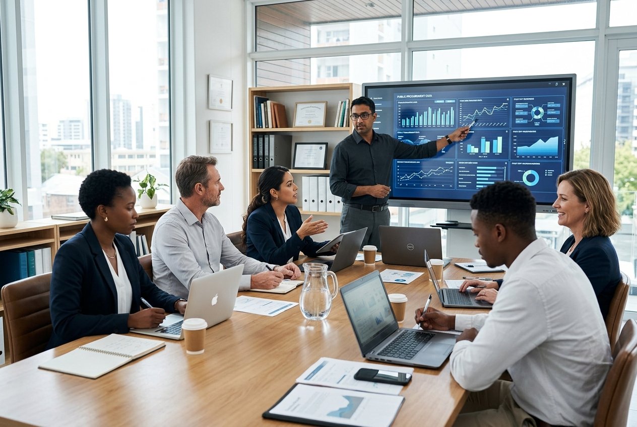 Un groupe de professionnels en réunion dans une salle de conférence, discutant autour d'une table avec des ordinateurs portables et des documents, dans un environnement lumineux et moderne.