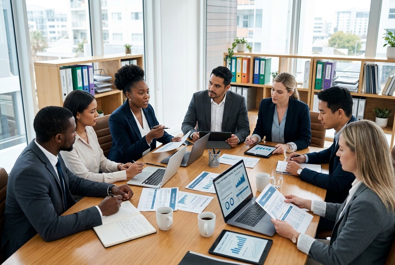 Un groupe de professionnels en réunion autour d'une table avec des ordinateurs et des documents dans un bureau moderne.