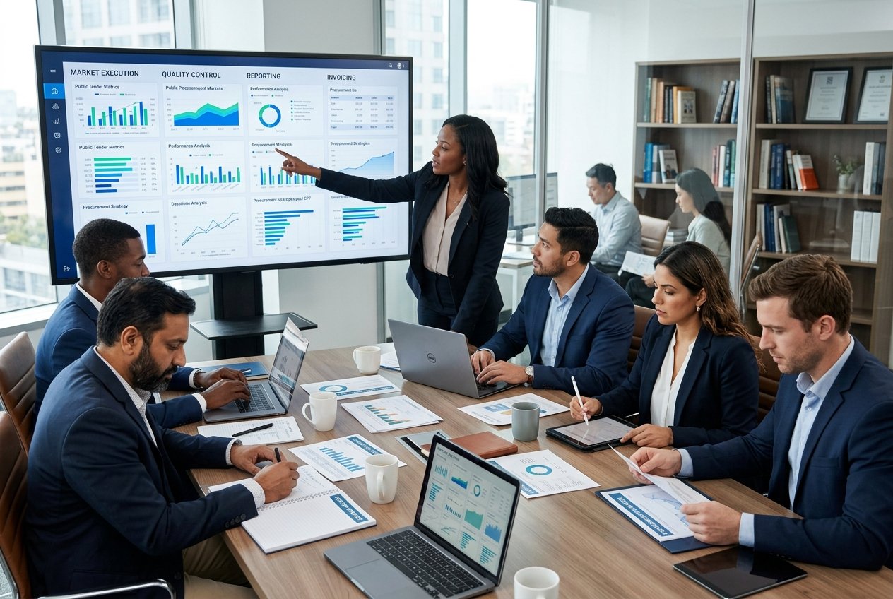 Des professionnels en réunion autour d'une table de conférence, analysant des graphiques et travaillant ensemble dans un bureau moderne.