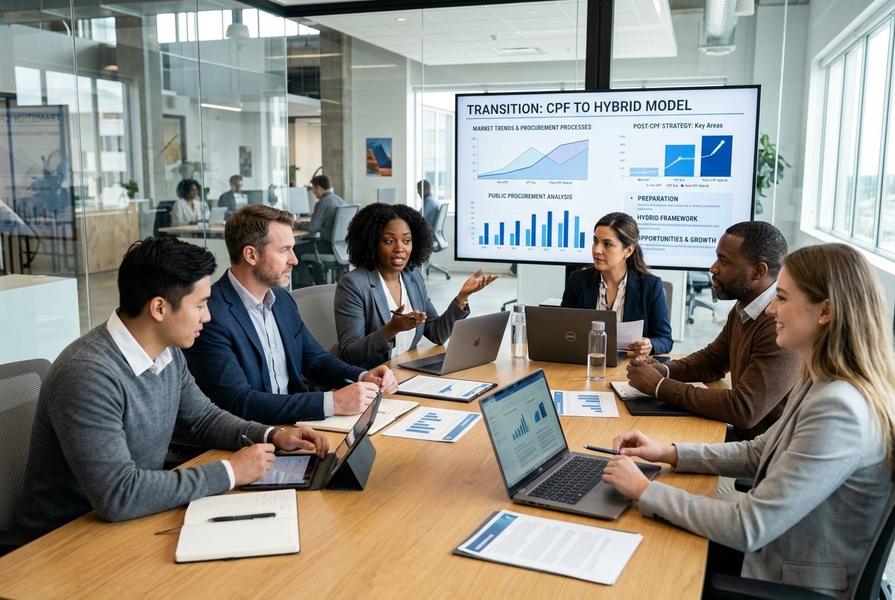 Des professionnels en réunion dans un bureau moderne, discutant autour d'une table avec des ordinateurs et des documents.