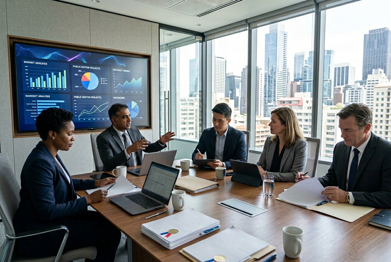 Des professionnels en réunion dans un bureau moderne discutant de documents liés aux marchés publics, avec un écran affichant des graphiques en arrière-plan.