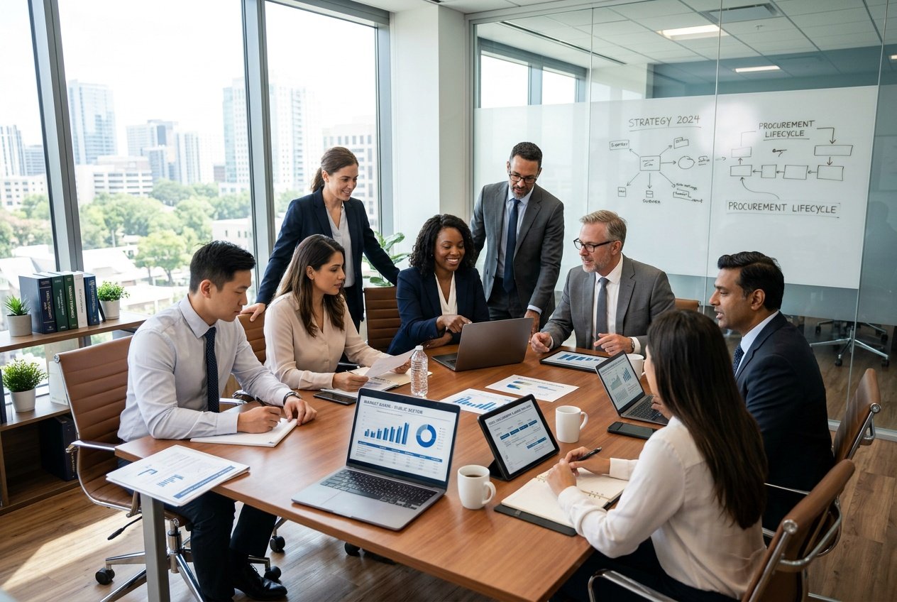 Un groupe de professionnels en réunion autour d'une table de conférence dans un bureau moderne, discutant et travaillant ensemble sur des documents et des écrans.