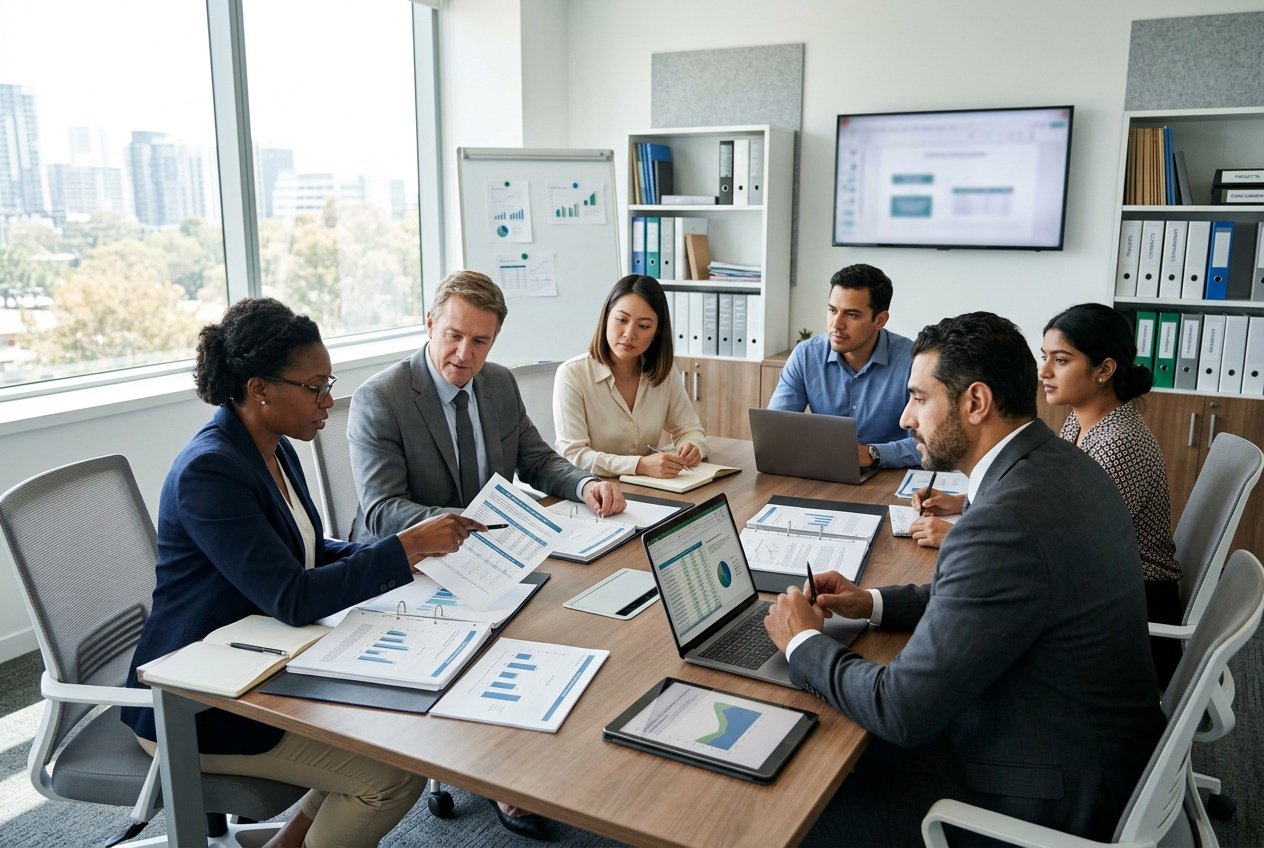 Des professionnels en réunion autour d'une table de conférence, examinant des documents et des appareils électroniques dans un bureau lumineux.