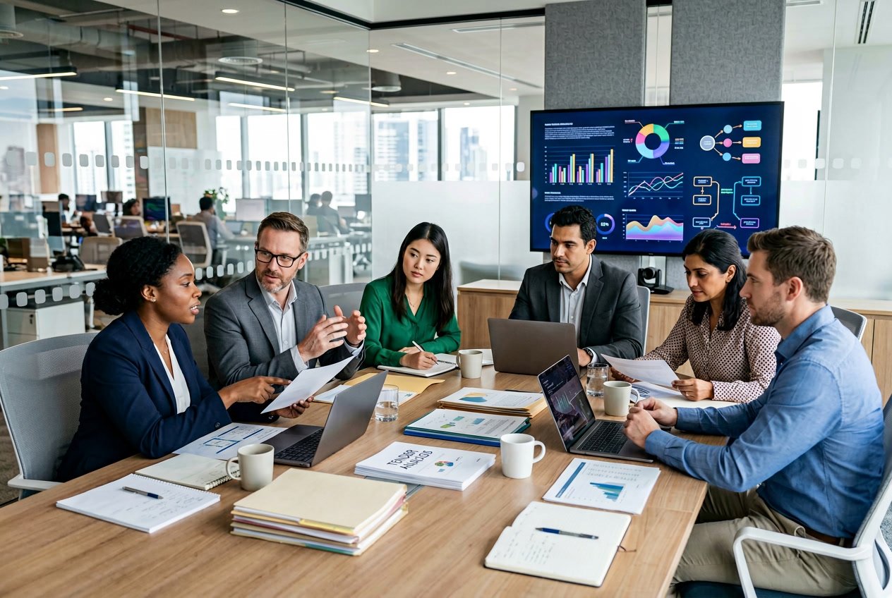 Des professionnels en réunion autour d'une table de conférence, discutant de documents et d'ordinateurs dans un bureau moderne lumineux.