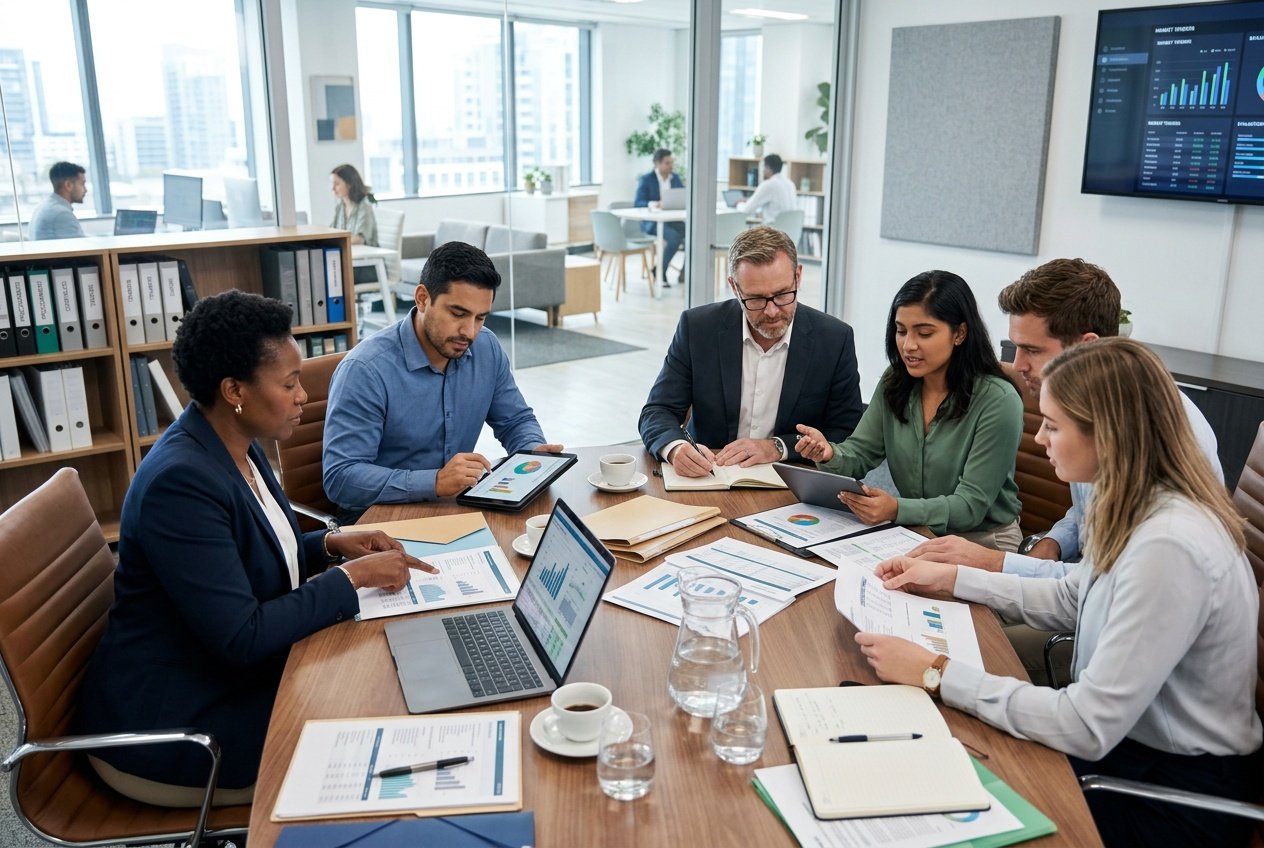 Des professionnels en réunion autour d'une table de conférence examinant des documents et des graphiques liés aux marchés publics dans un bureau moderne.