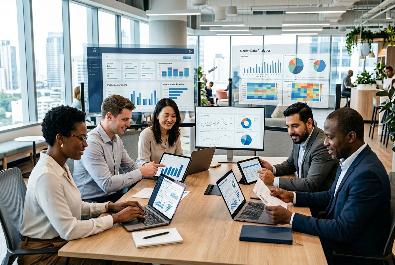Des professionnels travaillant ensemble autour d'une table avec des ordinateurs et des écrans numériques affichant des données liées aux marchés publics.