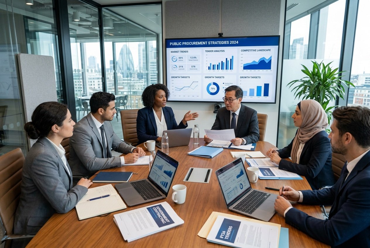 Un groupe de professionnels en réunion autour d'une table de conférence discutant de stratégies pour les marchés publics dans un bureau moderne.
