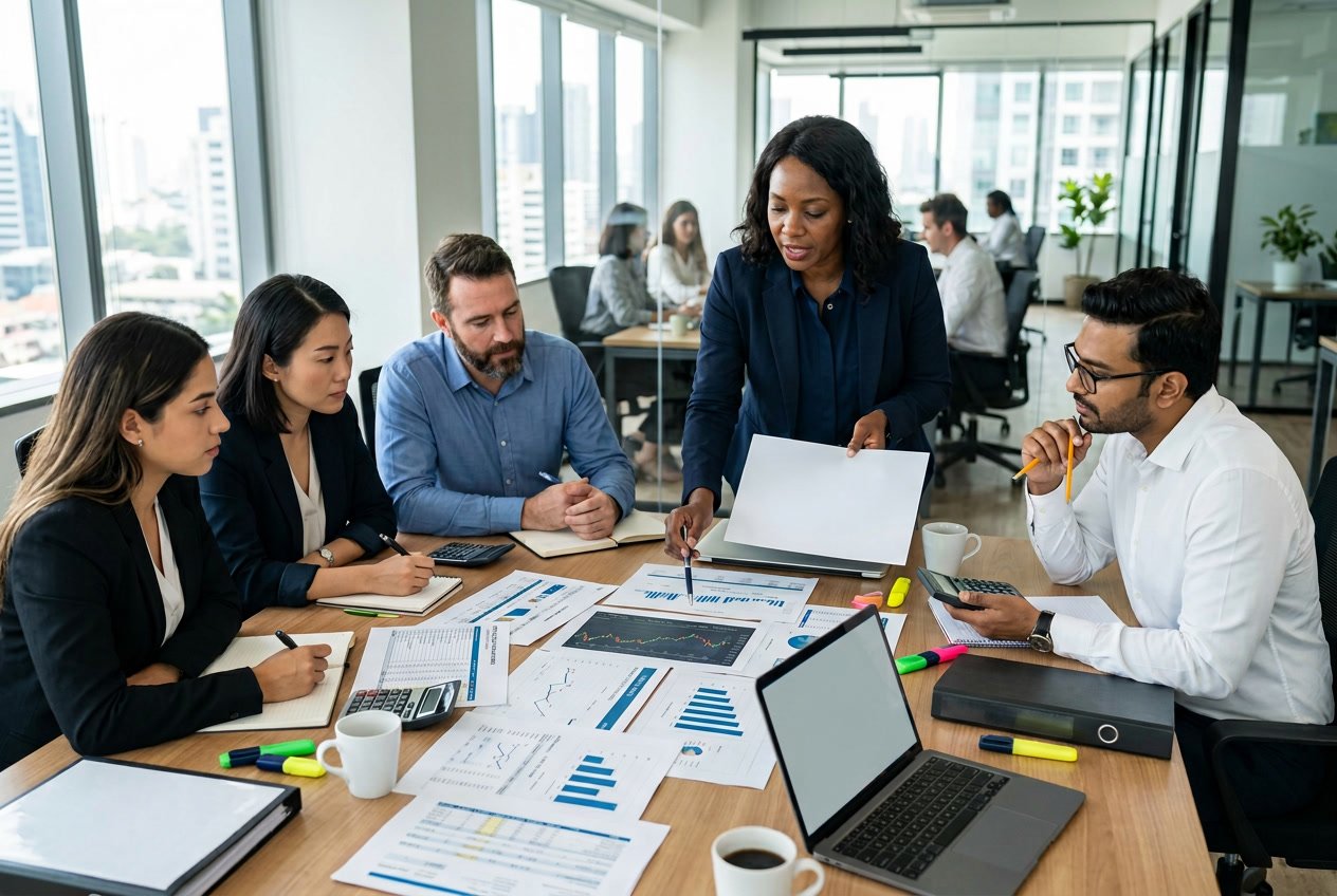 Des professionnels analysant des documents et des graphiques autour d'une table dans un bureau moderne.