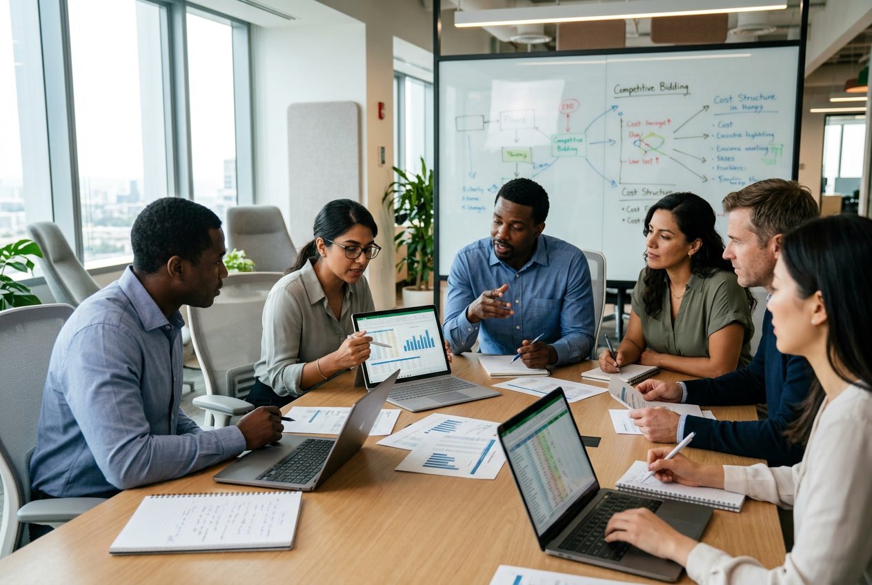 Des professionnels en réunion autour d'une table avec des documents et des ordinateurs, travaillant ensemble sur des estimations de coûts pour un projet public.