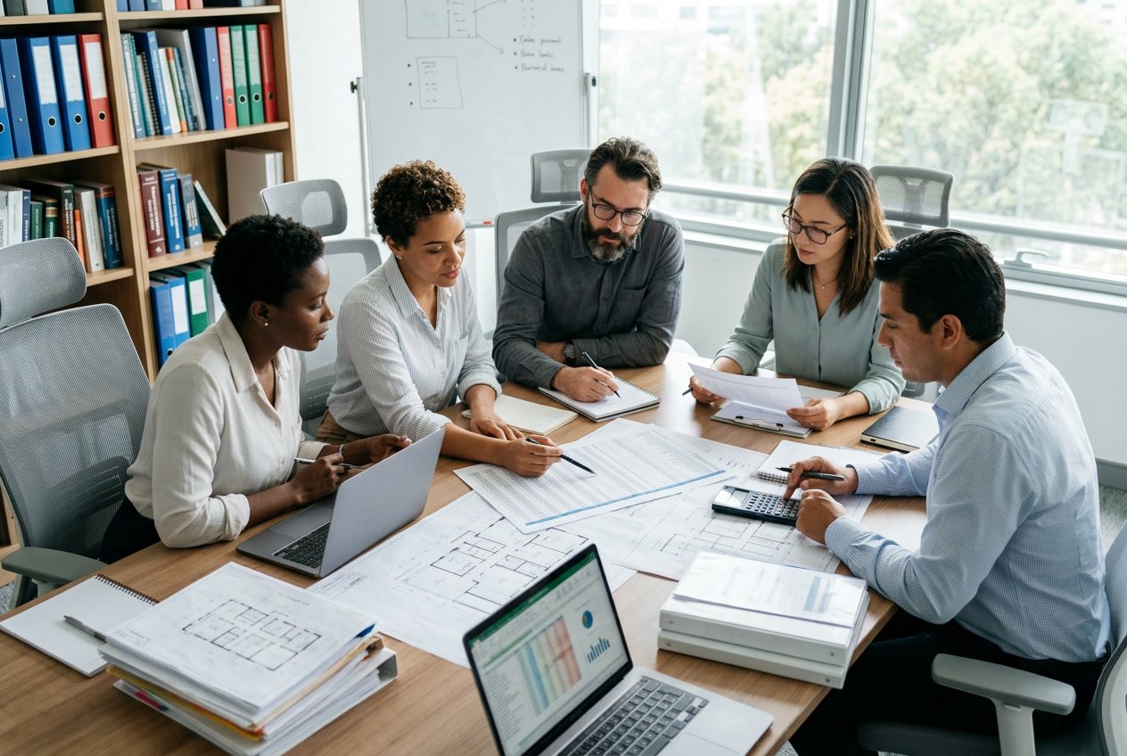 Des professionnels collaborant autour d'une table avec des plans, des documents et des ordinateurs dans un bureau moderne.