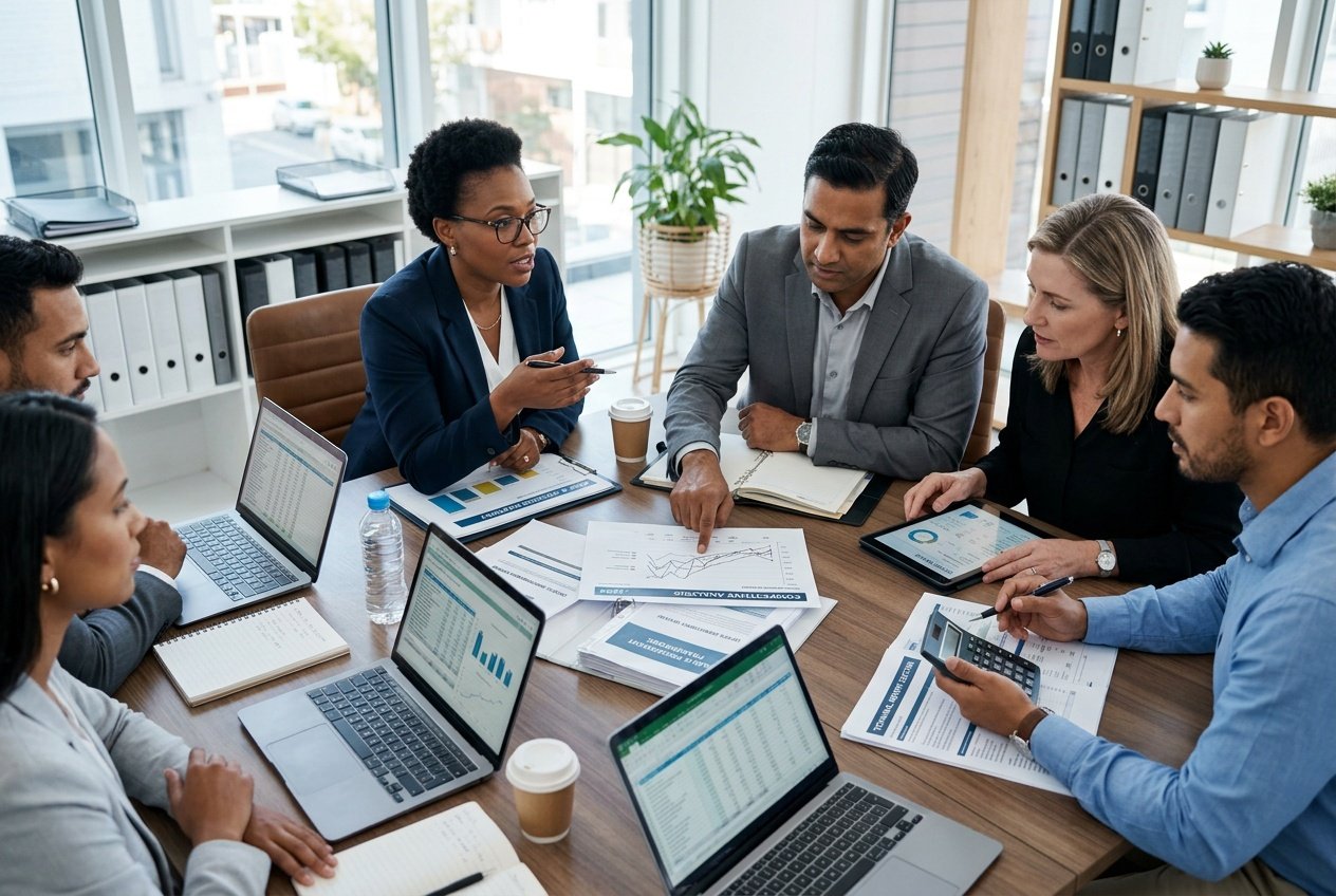 Un groupe de professionnels en réunion autour d'une table, examinant des documents et des graphiques financiers dans un bureau lumineux.