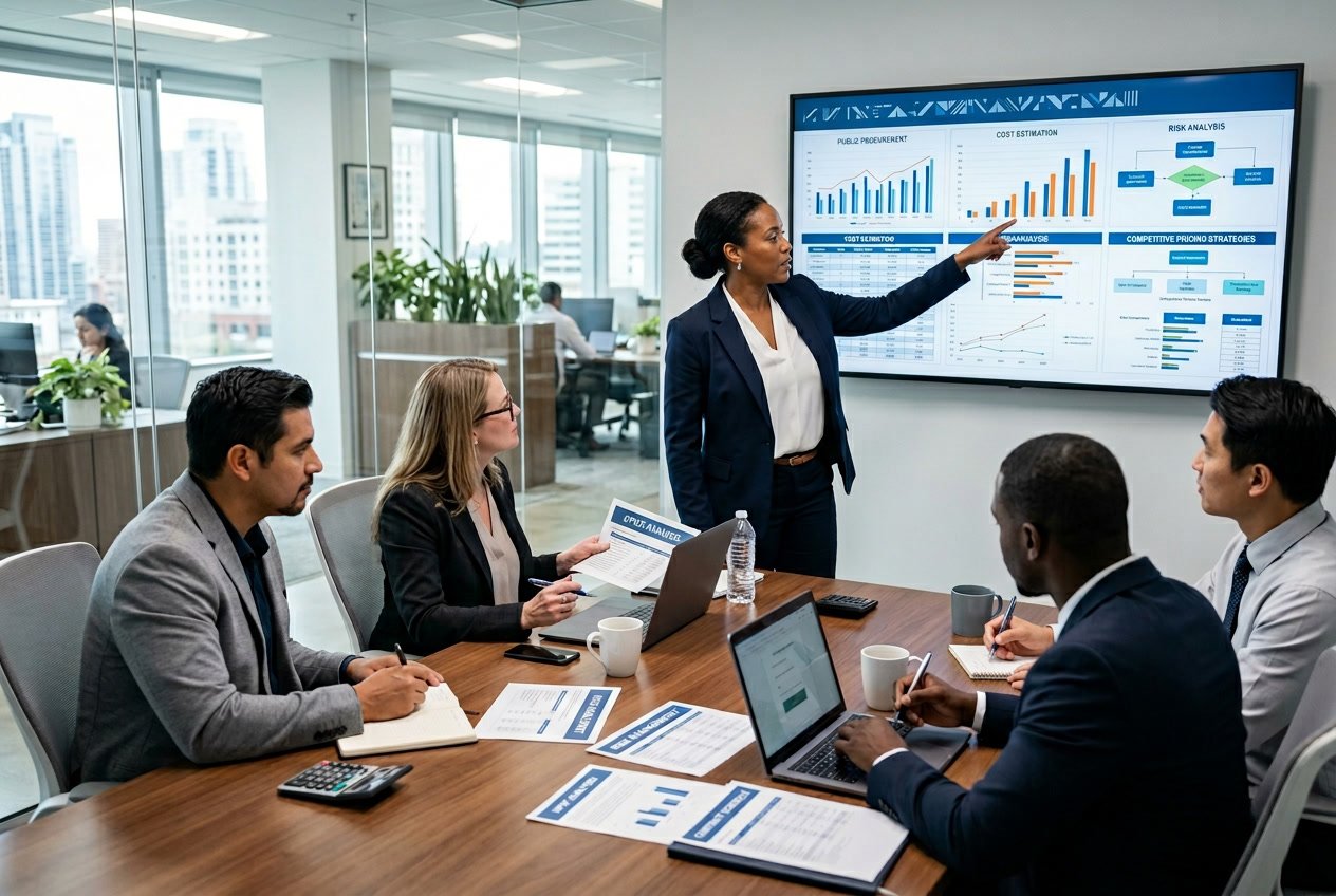 Des professionnels en réunion autour d'une table, analysant des graphiques et des estimations de coûts pour un projet de marché public.