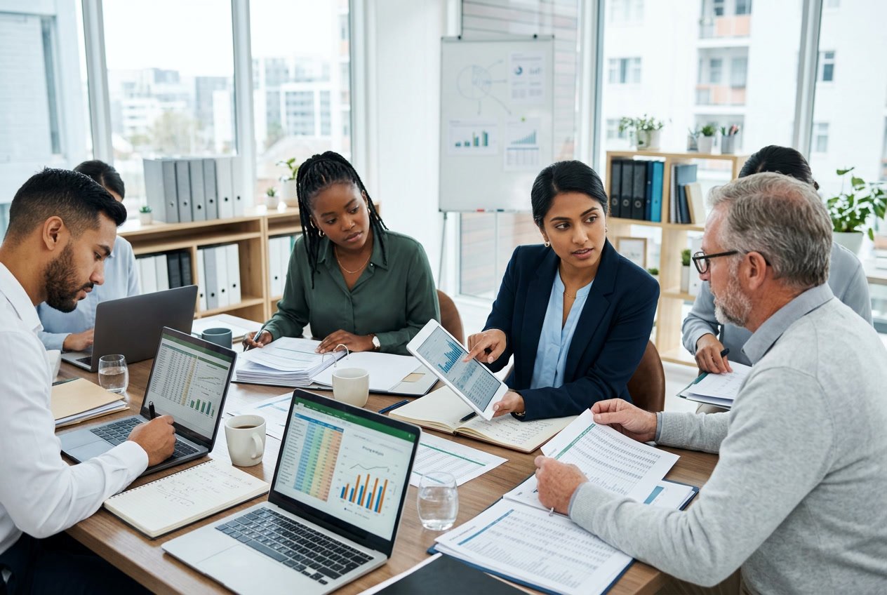 Des professionnels en réunion autour d'une table avec des documents et des ordinateurs affichant des données financières, travaillant sur l'estimation des prix pour un marché public.