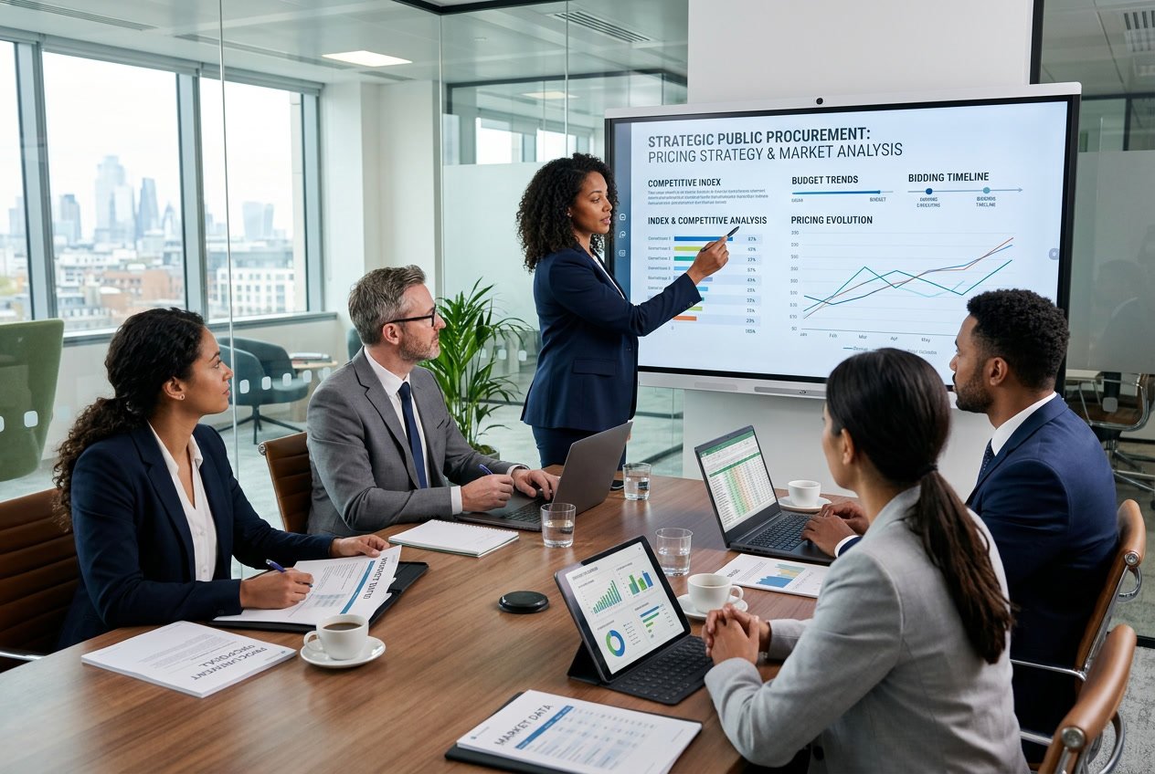 Un groupe de professionnels en réunion autour d'une table de conférence, examinant des documents et des graphiques sur des écrans dans un bureau moderne.