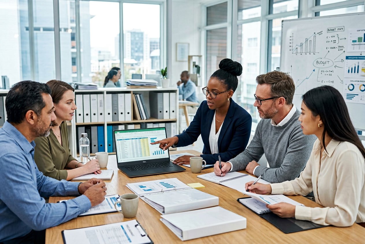 Des professionnels en réunion autour d'une table avec des documents et des ordinateurs, travaillant sur des estimations de coûts pour un marché public.