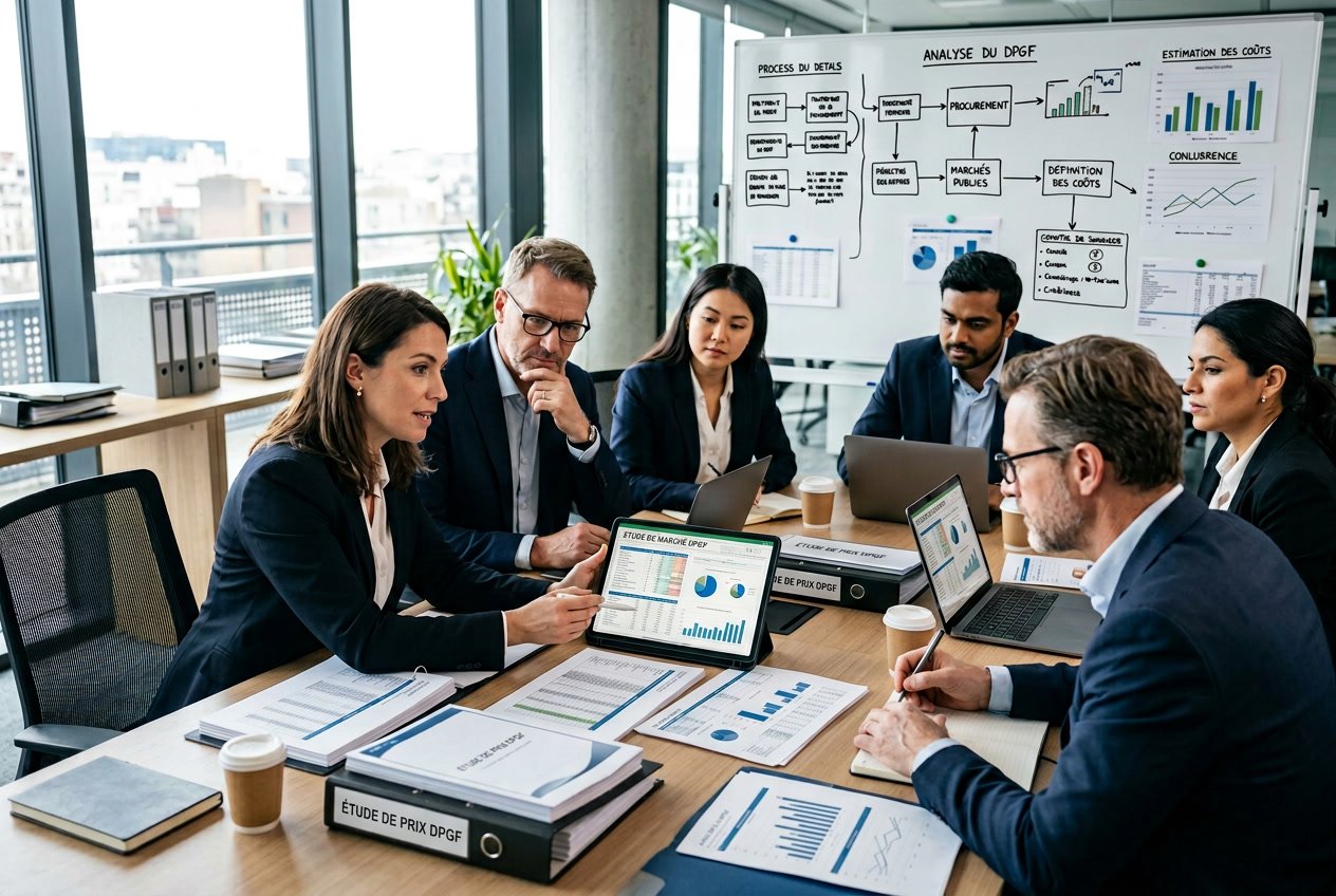 Des professionnels collaborent autour d'une table de réunion avec des documents et des ordinateurs affichant des données de chiffrage pour un projet public.