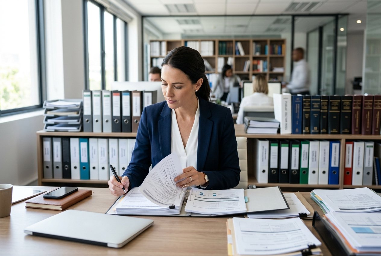 Un professionnel en bureau examinant des documents officiels liés aux marchés publics, avec des étagères de livres et dossiers en arrière-plan.