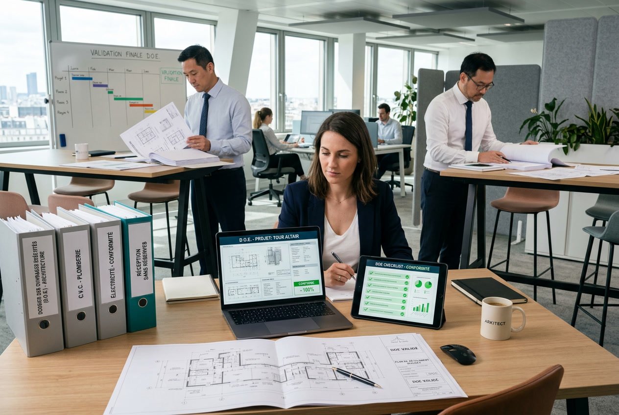 Un professionnel en bureau examinant des documents techniques et des plans sur un ordinateur portable, avec des dossiers et une tablette sur le bureau.