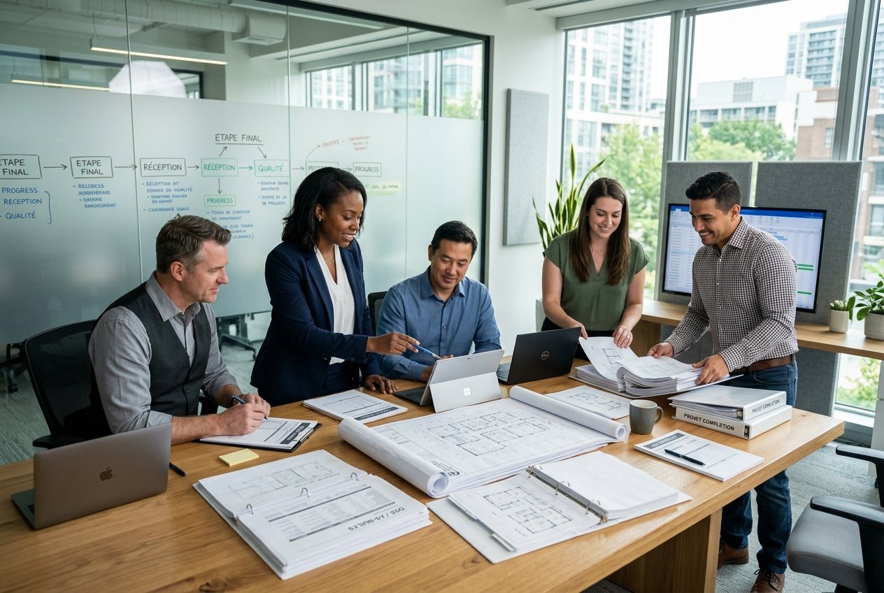 Une équipe professionnelle organise des documents et plans de construction autour d'une table de réunion pour préparer un dossier de fin de chantier.