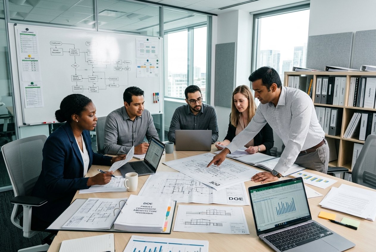 Des professionnels travaillent ensemble autour d'une table avec des documents et des ordinateurs, en train de préparer un dossier technique conforme.