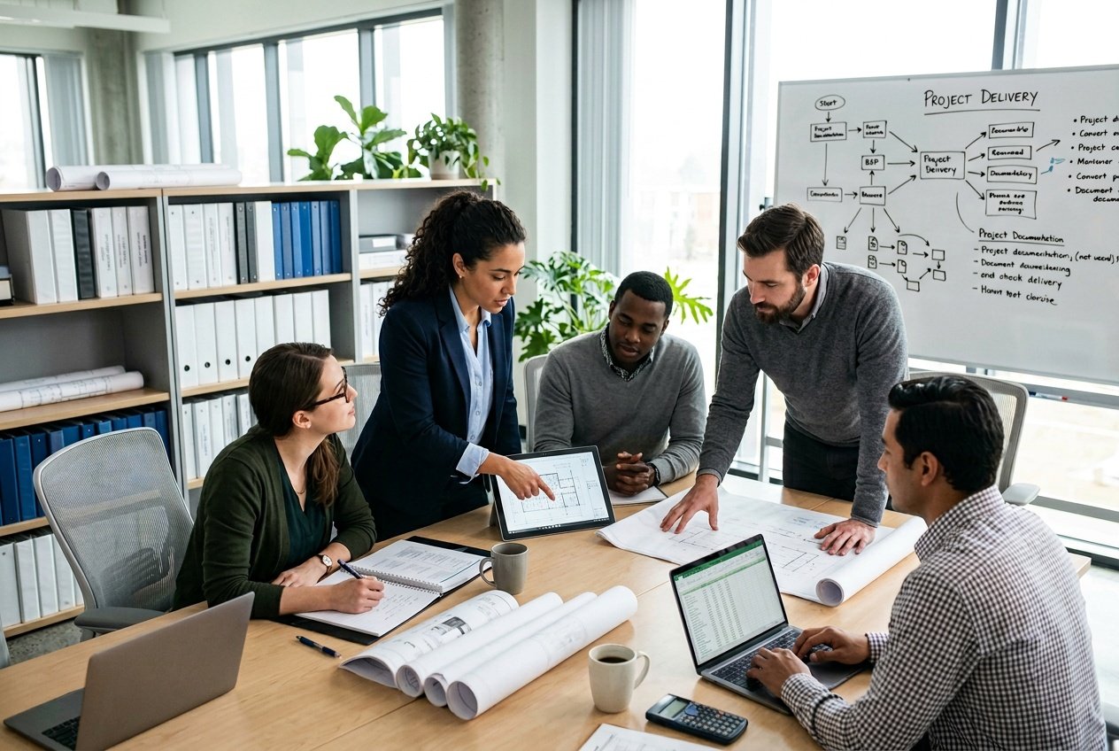 Un groupe de professionnels en réunion autour d'une table avec des plans et des documents techniques dans un bureau moderne.