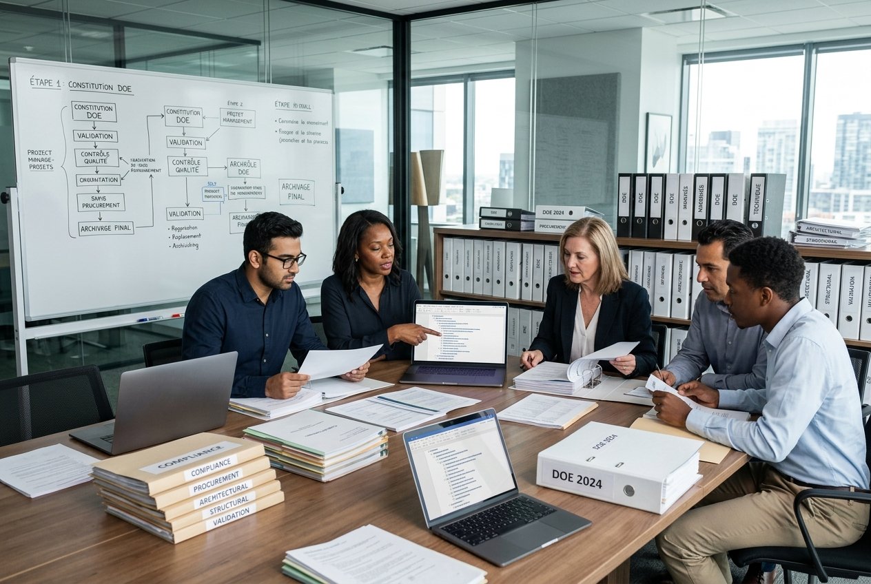 Des professionnels en réunion autour d'une table avec des documents et des appareils numériques, discutant de la conformité d'un dossier dans un bureau moderne.