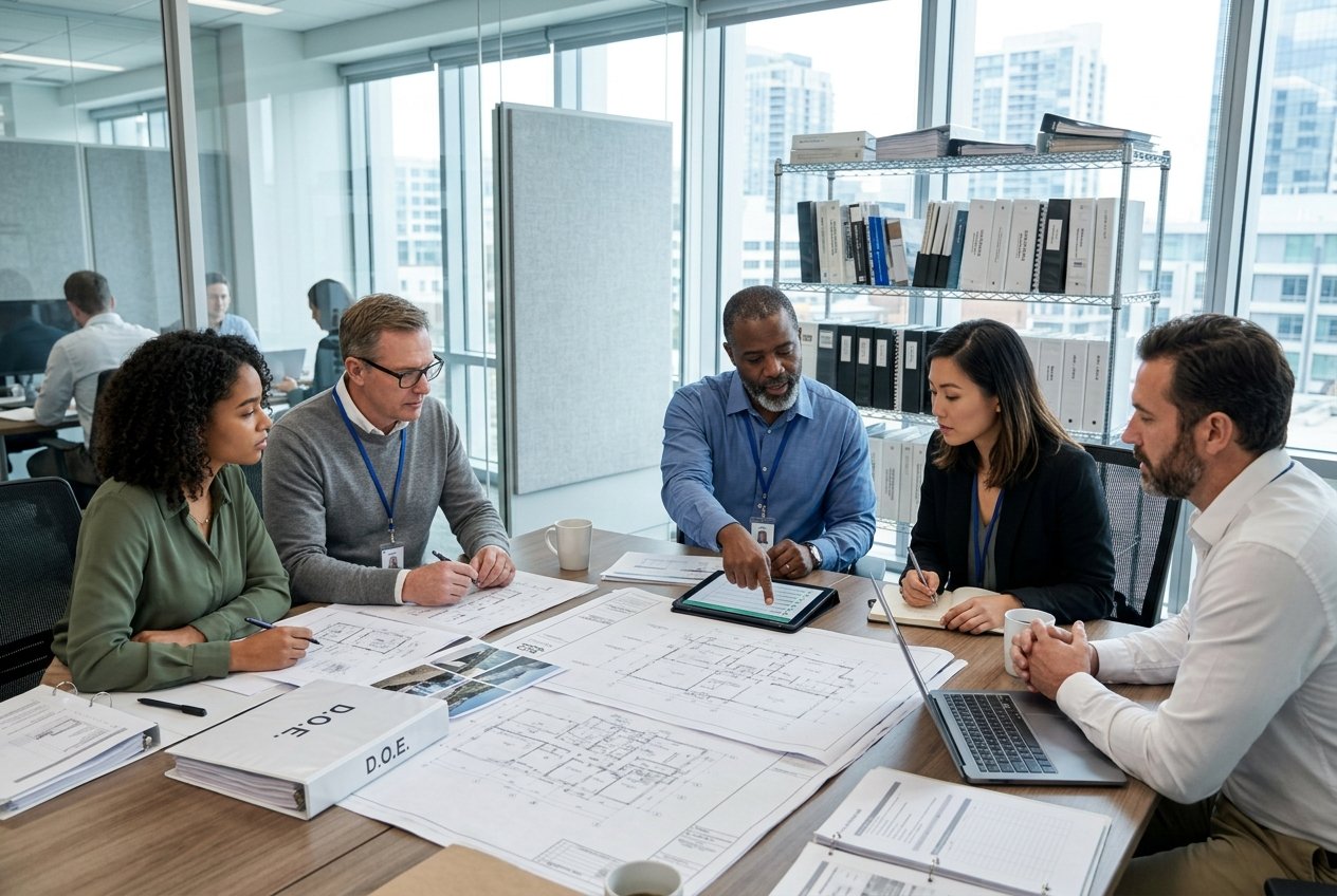 Une équipe de professionnels en réunion autour d'une table avec des plans et des documents techniques, vérifiant ensemble un dossier avant livraison.
