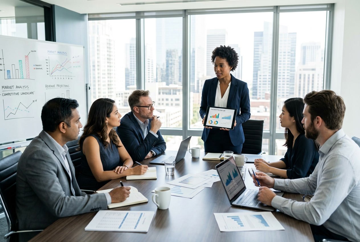 Un groupe de professionnels en réunion dans un bureau moderne, discutant de stratégies de prix autour d'une table de conférence.