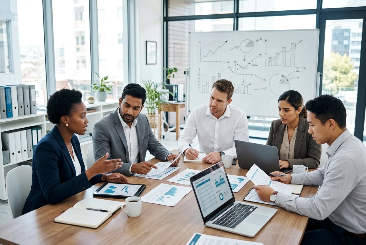 Des professionnels en réunion autour d'une table de conférence, discutant et analysant des documents et des graphiques dans un bureau lumineux.