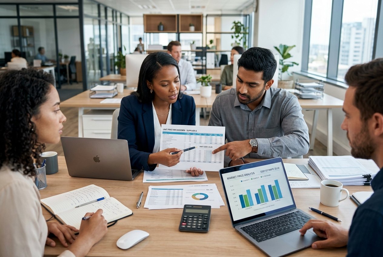 Des professionnels analysant des documents financiers et des graphiques dans un bureau moderne, travaillant ensemble sur des calculs de prix unitaires.