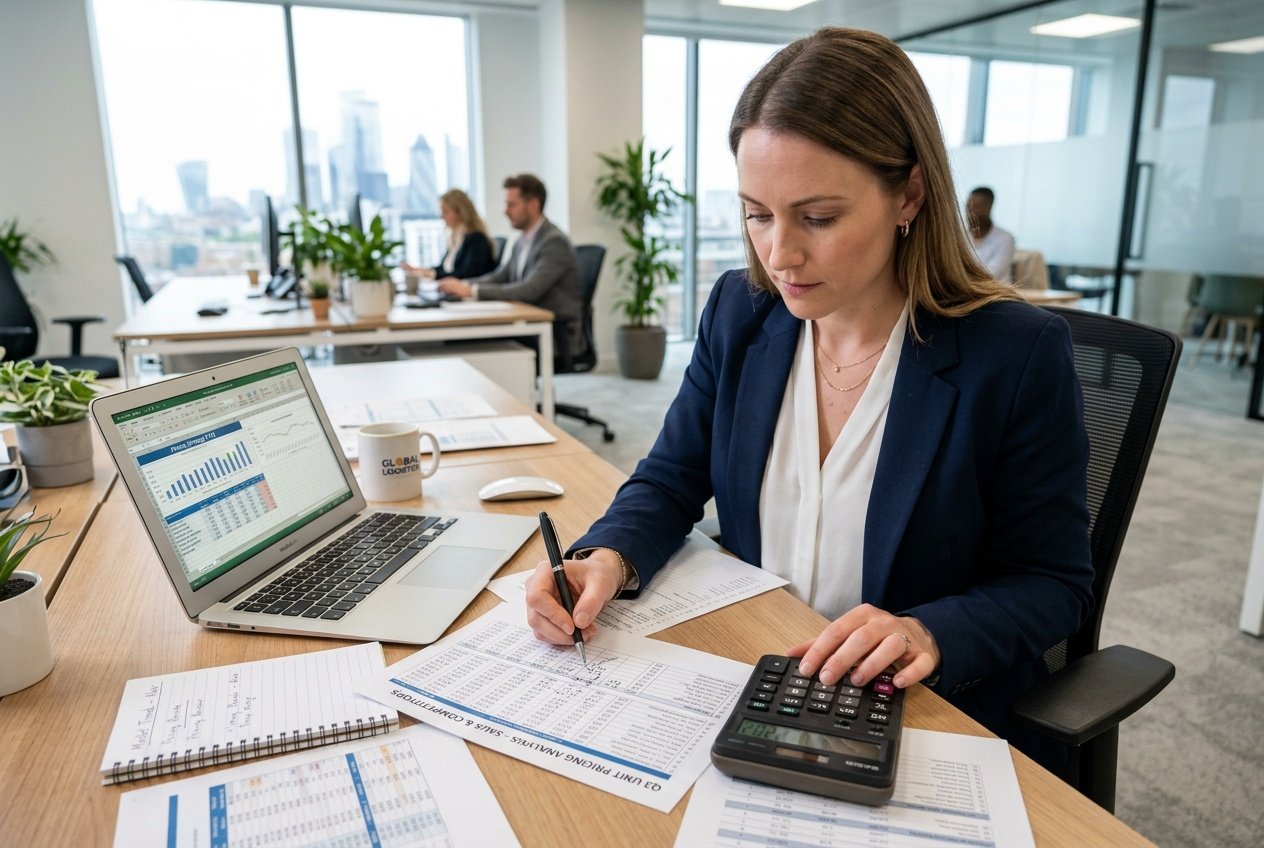 Une personne en tenue professionnelle travaille à un bureau avec un ordinateur portable, des documents et une calculatrice, concentrée sur l'analyse des prix unitaires.