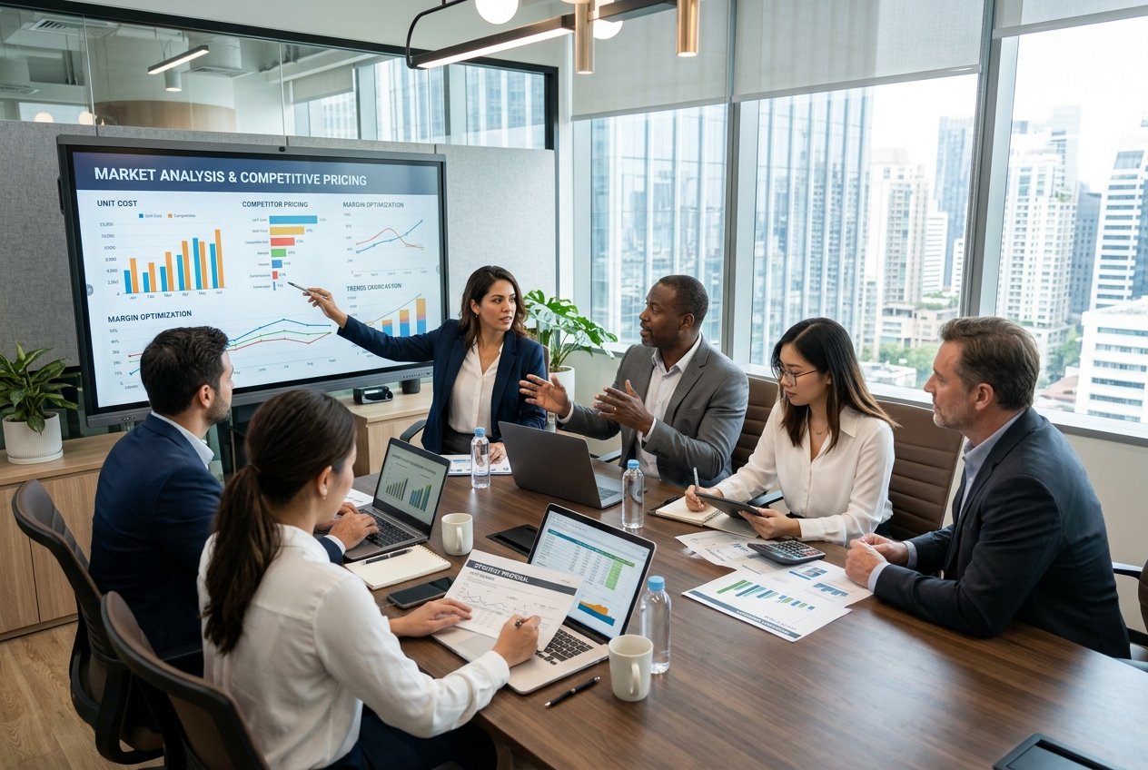 Des professionnels en réunion autour d'une table de conférence discutant de stratégies de fixation des prix avec des graphiques et documents.