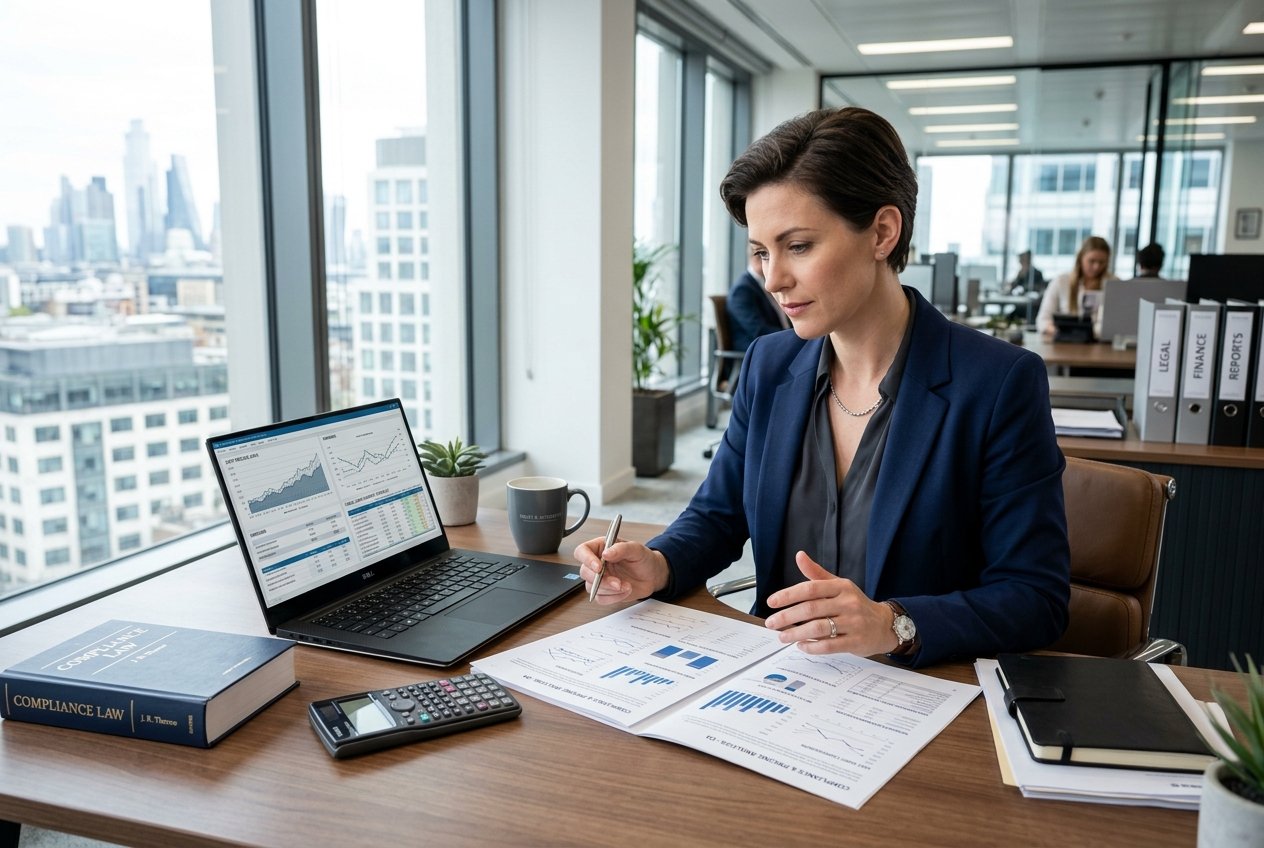 Une femme d'affaires examinant des documents et des graphiques dans un bureau moderne lumineux.