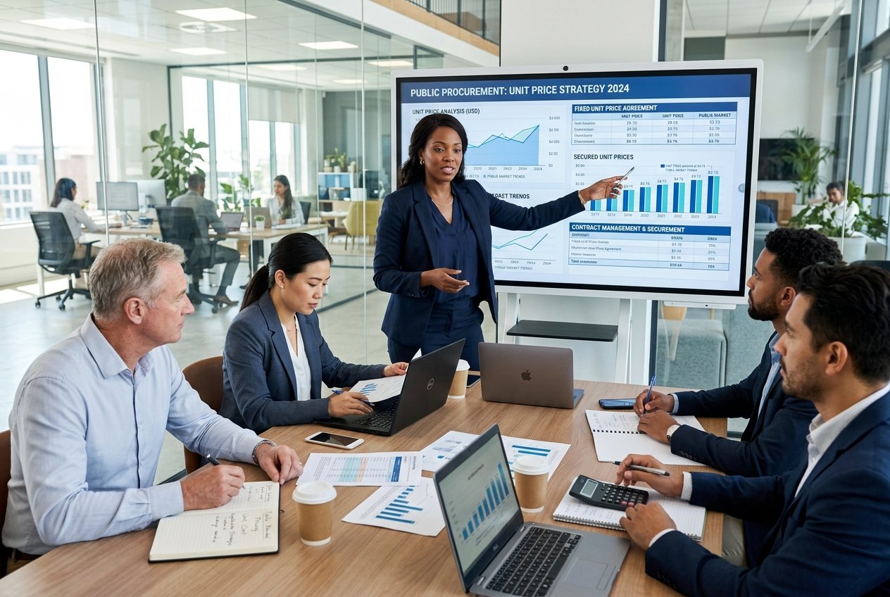 Des professionnels en réunion dans un bureau moderne, discutant de données financières et de stratégies pour fixer des prix unitaires dans le cadre des marchés publics.
