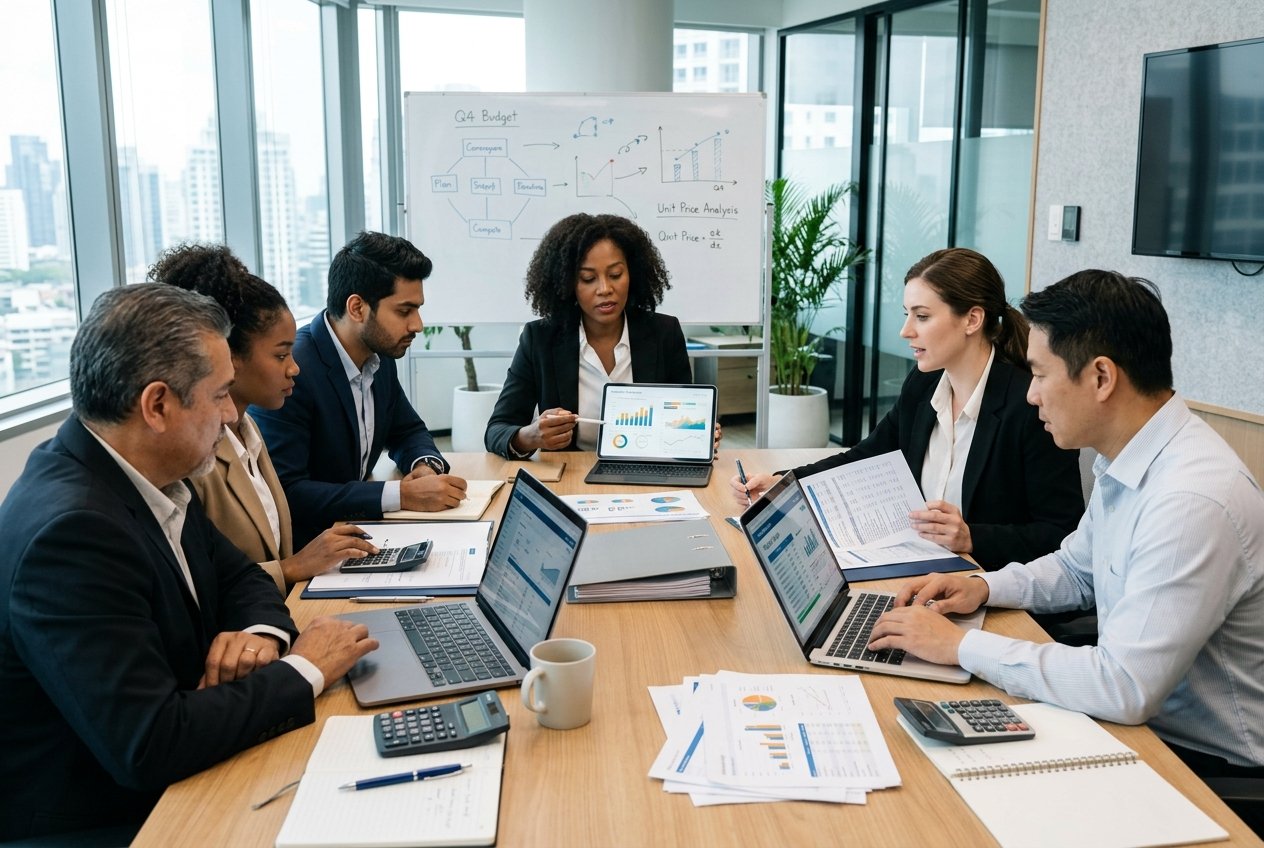 Des professionnels en réunion autour d'une table, examinant des documents et des graphiques pour finaliser une offre commerciale.