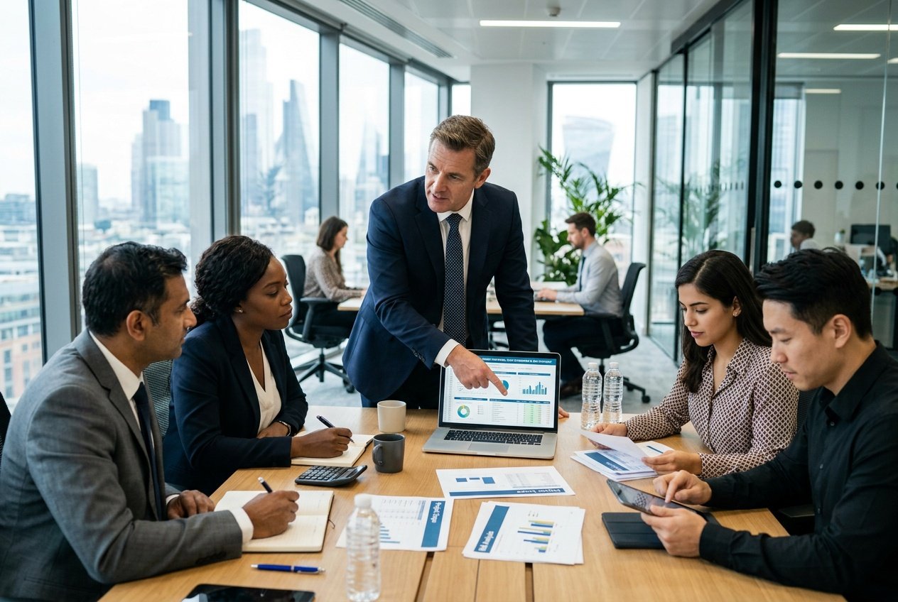 Un groupe de professionnels en réunion autour d'une table, analysant des graphiques financiers sur un ordinateur portable dans un bureau moderne.