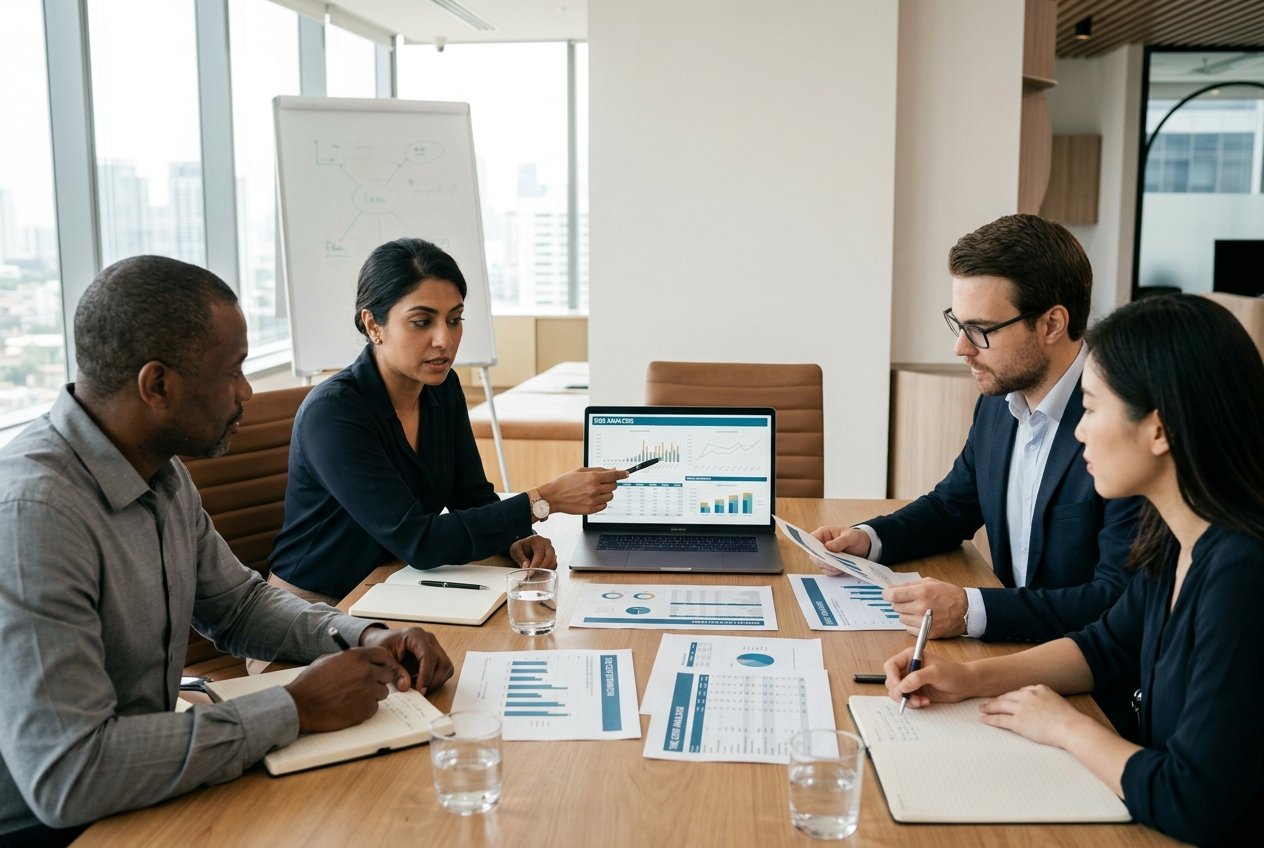 Un groupe de professionnels en réunion autour d'une table avec des documents et un ordinateur portable, discutant de données financières dans une salle de conférence lumineuse.