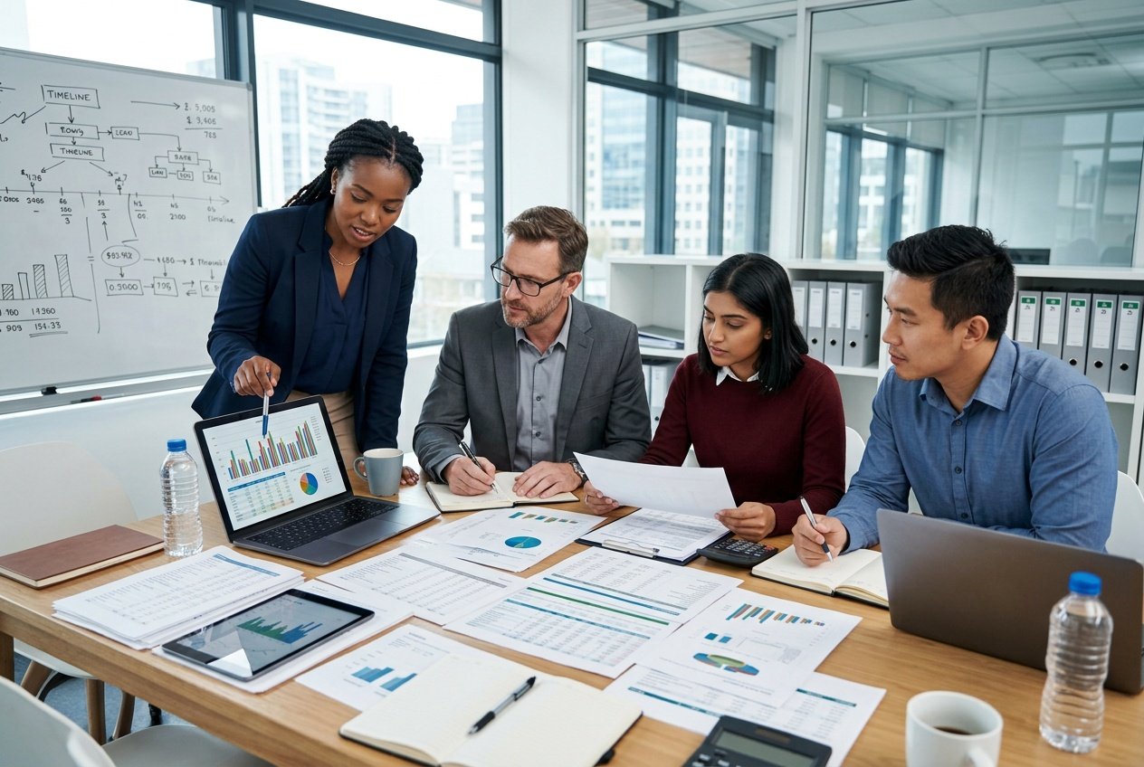 Des professionnels en réunion autour d'une table, analysant des documents financiers et des graphiques pour estimer précisément les coûts d'un projet.