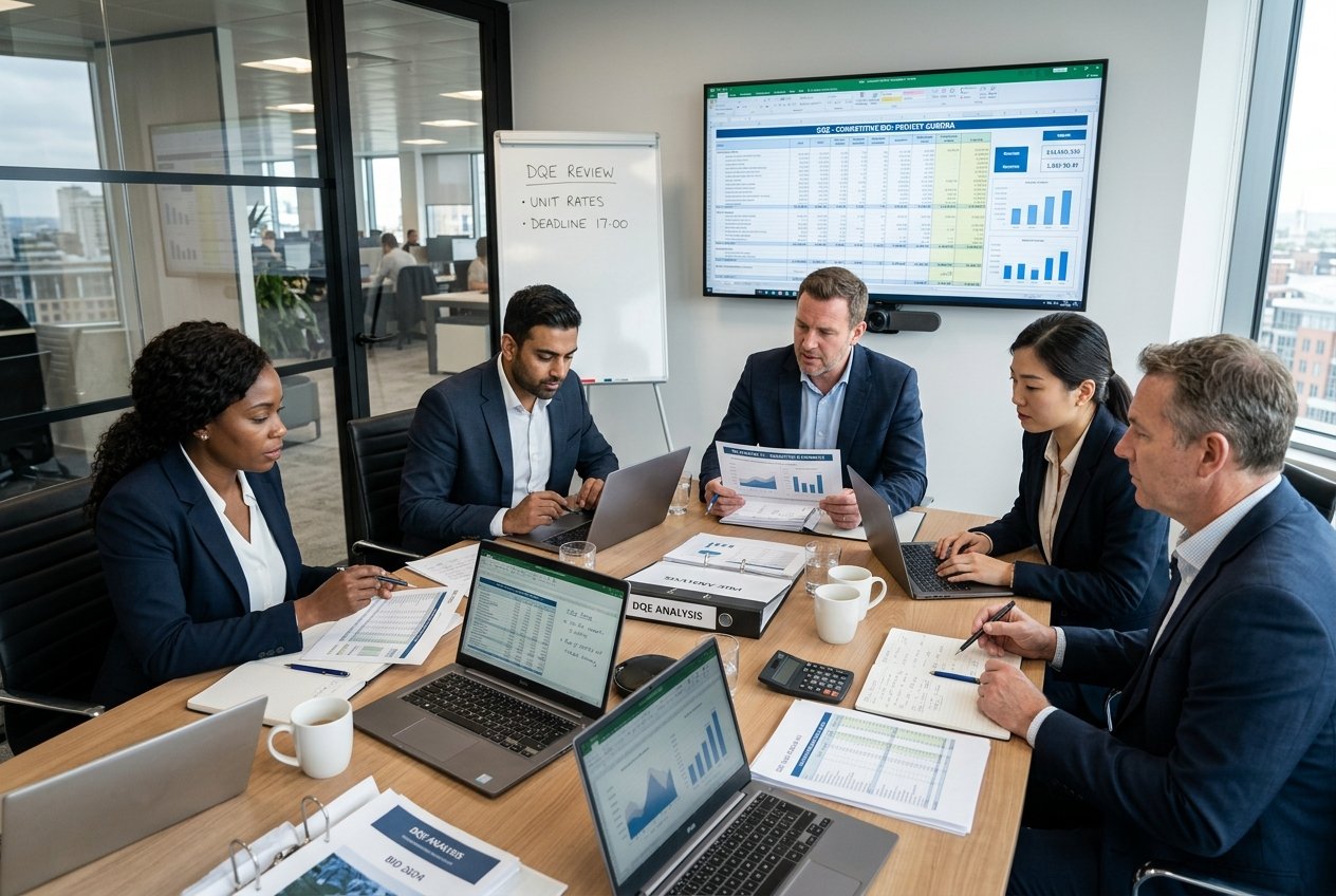 Une équipe de professionnels en réunion autour d'une table de conférence, analysant des documents et des données sur un écran pour chiffrer précisément un DQE.