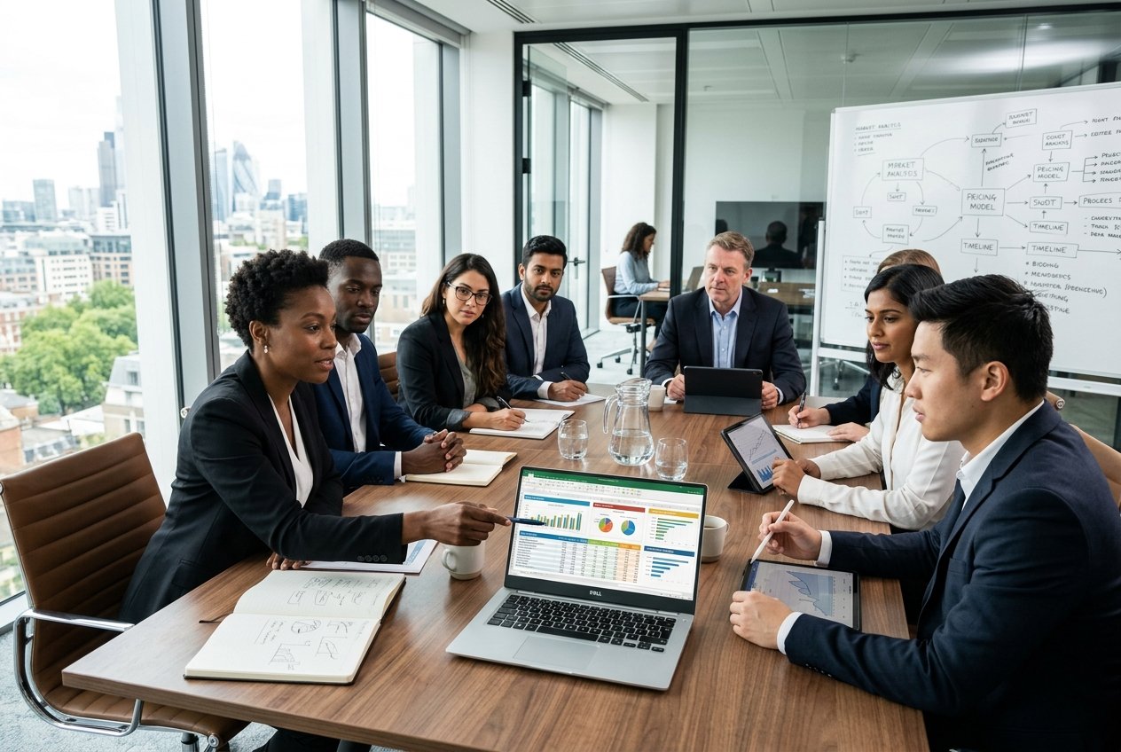 Une réunion professionnelle dans un bureau moderne avec plusieurs personnes discutant autour d'une table, examinant des documents et des graphiques sur des ordinateurs portables.