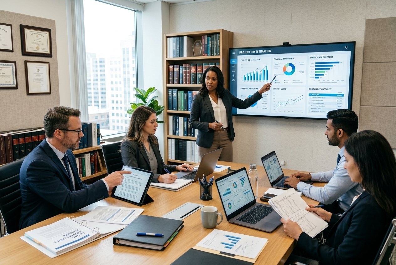 Des professionnels en réunion autour d'une table de conférence avec des ordinateurs et des documents, analysant des données financières dans un bureau moderne.