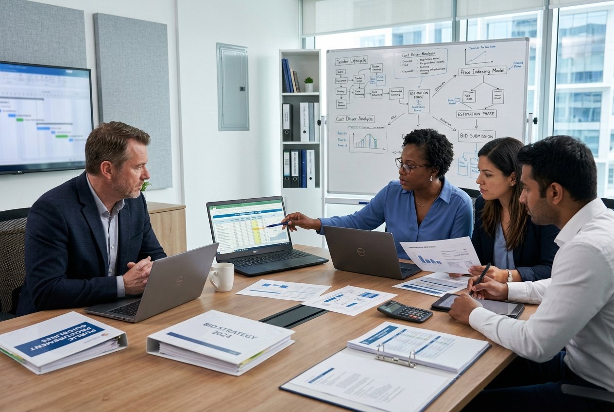 Des professionnels en réunion autour d'une table de conférence, travaillant sur des documents financiers et des ordinateurs pour chiffrer précisément un appel d'offres.