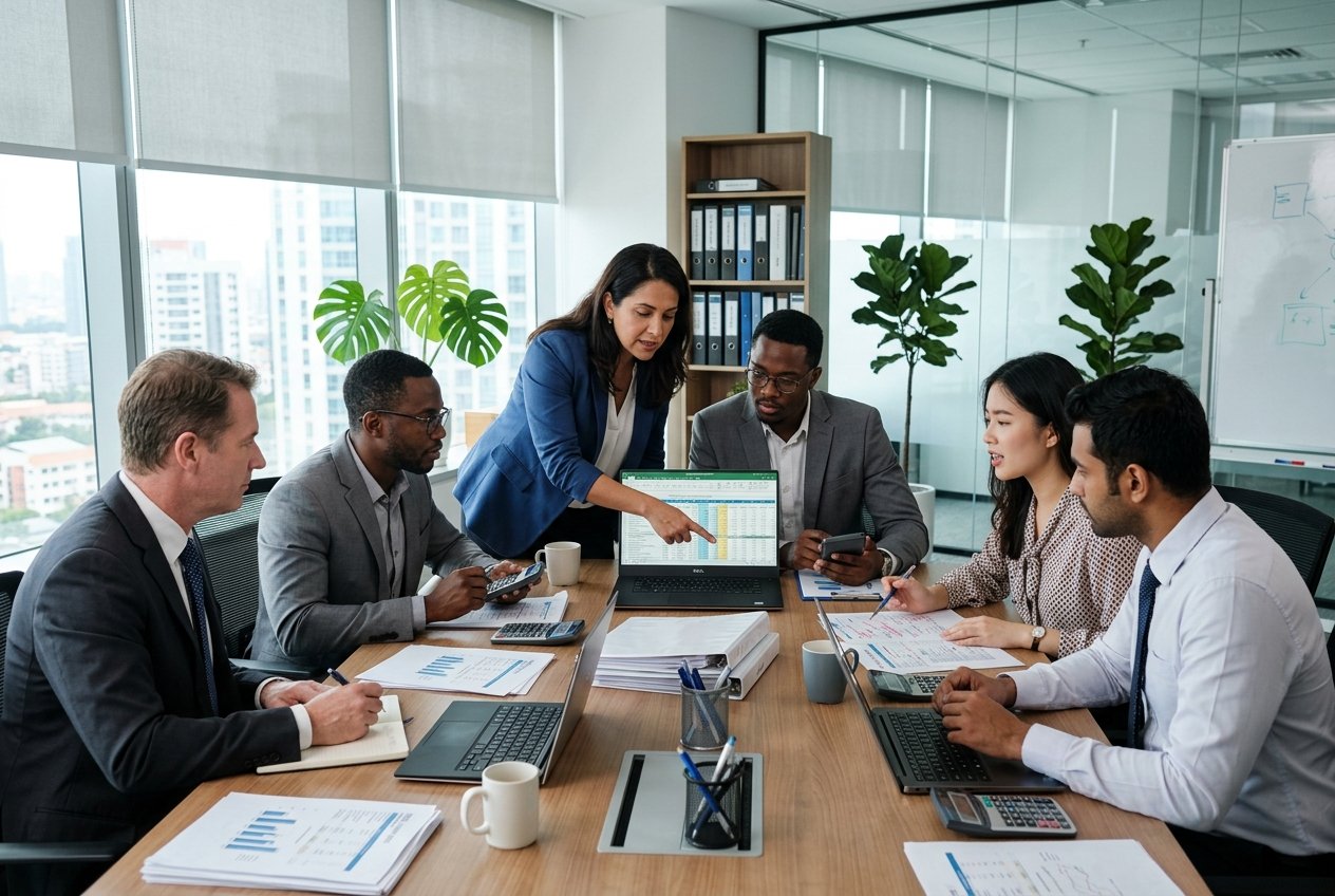 Une équipe professionnelle en réunion dans une salle de conférence, examinant des documents et des calculs financiers avant de soumettre un dossier d'appel d'offres.