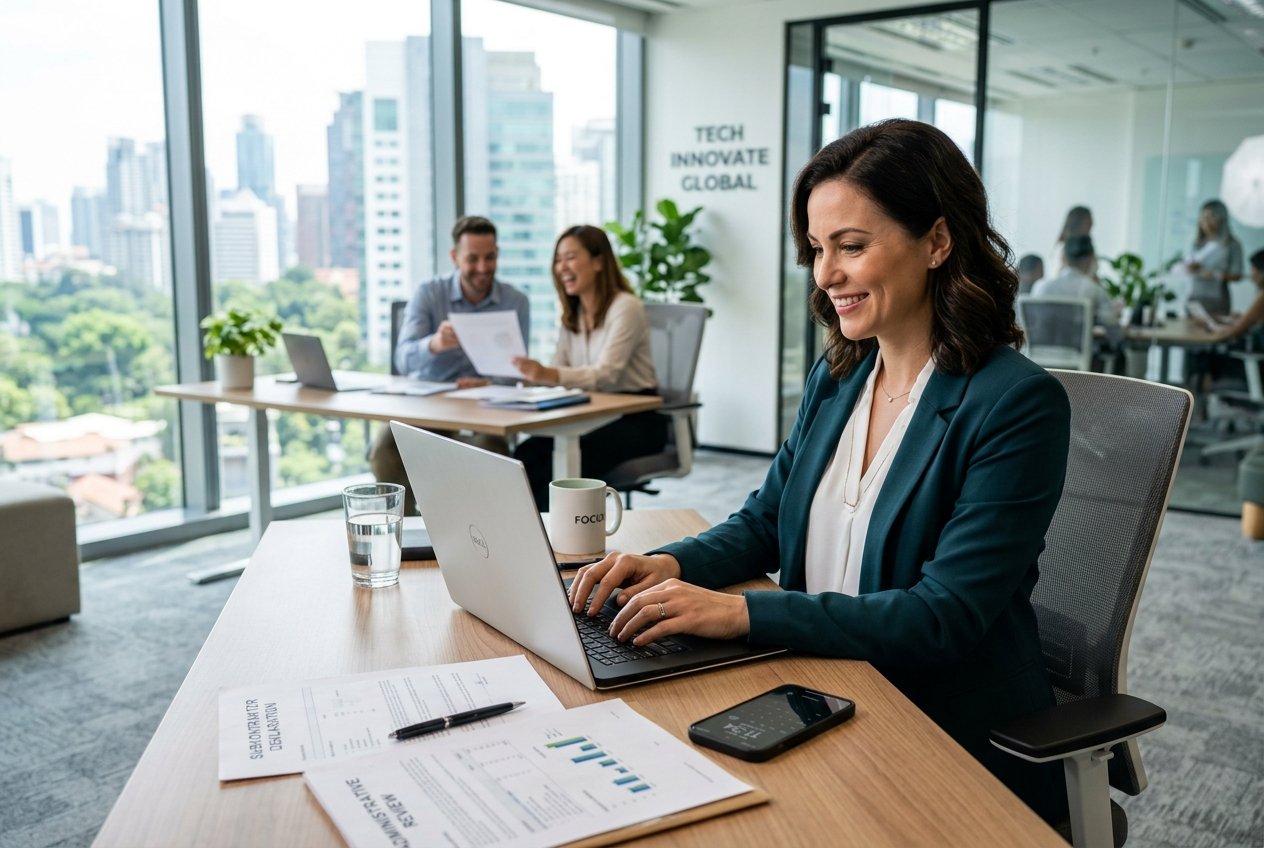 Une femme d'affaires travaille sur un ordinateur portable dans un bureau moderne et lumineux, avec un collègue en arrière-plan.