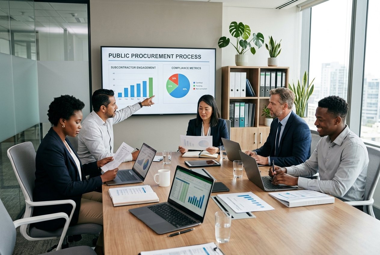 Un groupe de professionnels en réunion dans un bureau moderne, discutant autour d'une table avec des ordinateurs portables et des documents, concentrés sur la gestion des sous-traitants.
