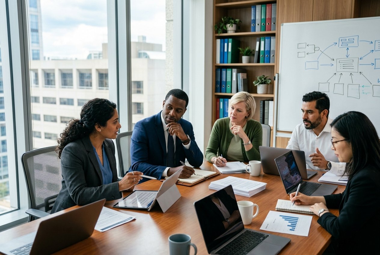Des professionnels en réunion autour d'une table de conférence, travaillant ensemble sur une stratégie de sous-traitance.