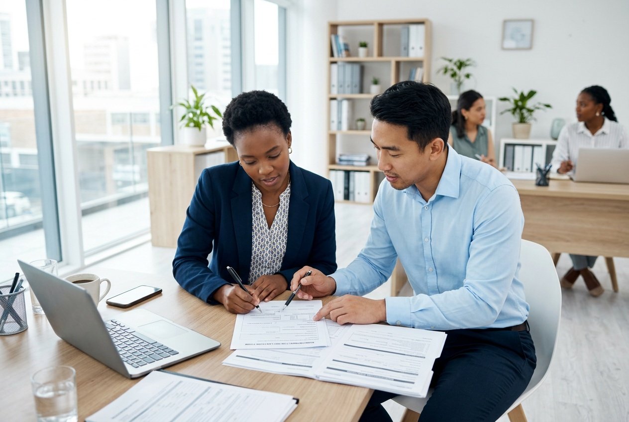 Deux professionnels remplissant des documents ensemble dans un bureau lumineux et organisé.